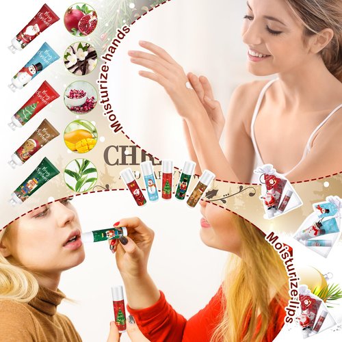 Henoyso 50 Set Christmas Hand Cream Bulk and Lip Balm Bulk Xmas Holiday Gifts Favors with Organza Bag Thank You Card and Acrylic Keychains Thank You Gift Set Bulk Christmas Stuffers Party Supplies