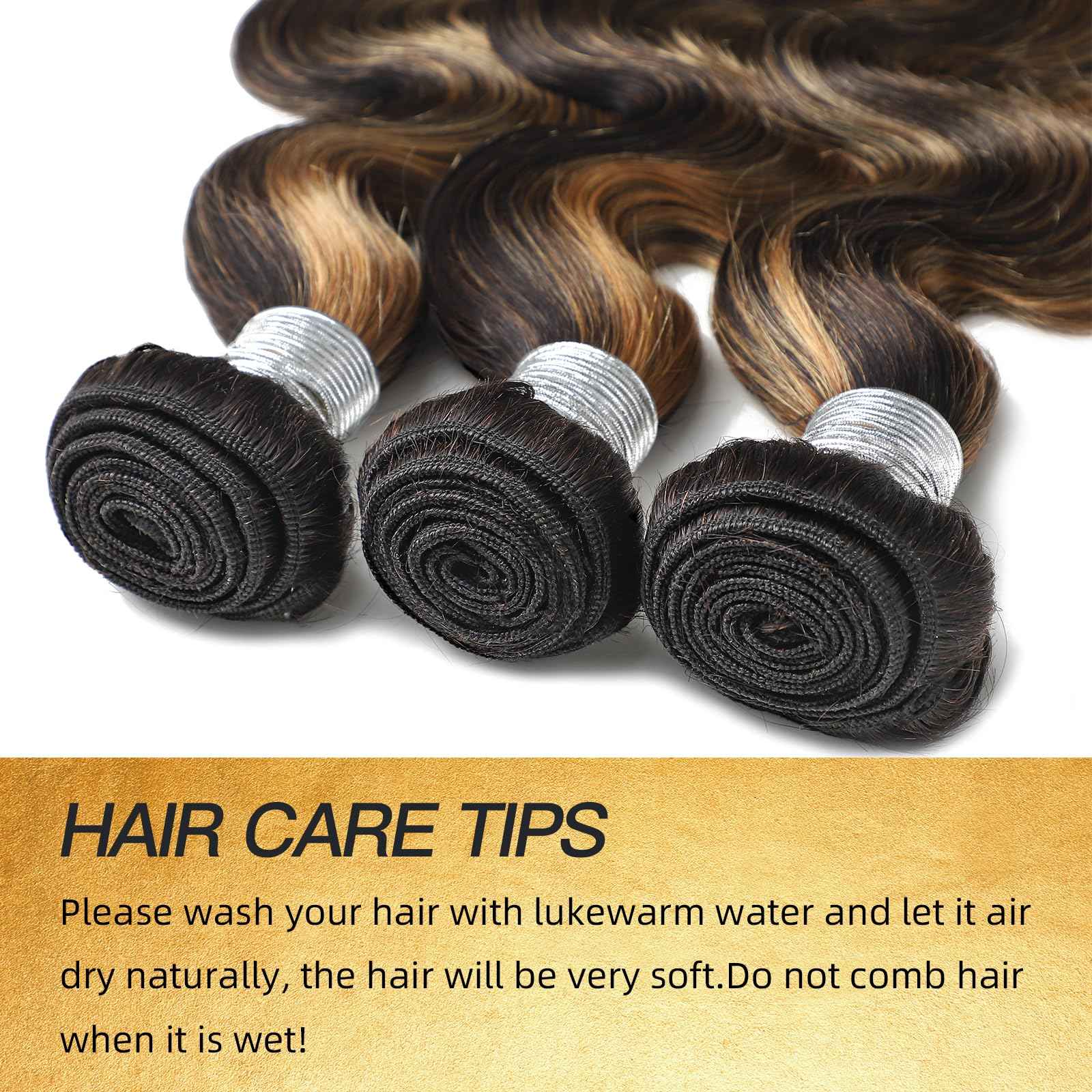 Honey Blonde Bundles with Closure Highlights Body Wave, 3 Highlighted Bundles with 4x4 Closure Human Hair, Ombre Balayage Piano Color Sew In Weaves 12A Brazilian Virgin Remy Hair 10 12 14+10 Inch