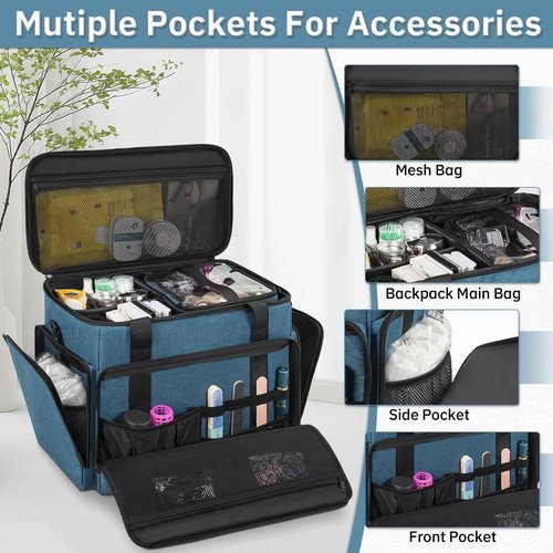 FREEAMG Extra Large Makeup Case with 4 Removable Pouches, Professional Make up Train Case,Travel Cosmetic Bag for Hairstylists Nail Tech Makeup Artist with Shoulder Strap and Handle （Blue）（Bag only）