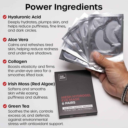 The Man Mesh Hydrogel Under Eye Patches for Men - Cooling, Hydrating & Firming Eye Masks for Dark Circles & Puffiness - Men's Anti-Aging Patches with Hyaluronic Acid, Collagen & Vitamin E. (12 Pairs)