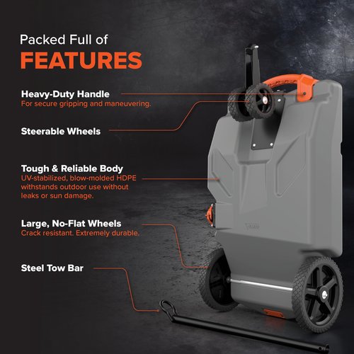 Camco Rhino 28-Gallon Portable Camper/RV Tote Tank | Features 2 Steerable No-Flat Front Wheels & Built-In Gate Valve | Includes Removable 24" Tow Bar, 3’ Sewer Hose & More RV Accessories (39005)