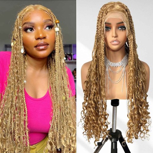 FABÉLLE 32 Inch Triangle Knotless Braided Wig for African American Women Boho Ggoddess Box Braid Wig Honey Blonde Single Full Lace Braid Wigs