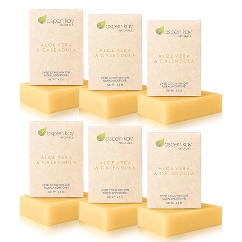 Aloe Vera & Calendula Soap, Natural & Organic Ingredients, Organic Aloe Vera, Calendula & Turmeric Soap. Use for Face & Body. for Men, Women & Teens. Gentle Face Wash. (Pack of 6)