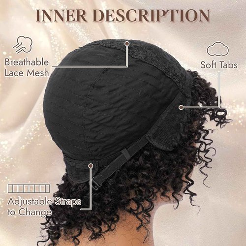 RUWISS Short Curly Human Hair Wig Kinky Curly Wigs for Black Women - Wear and Go Glueless Wigs Human Hair Bob Wig with bangs, FH-1535 Natural Black