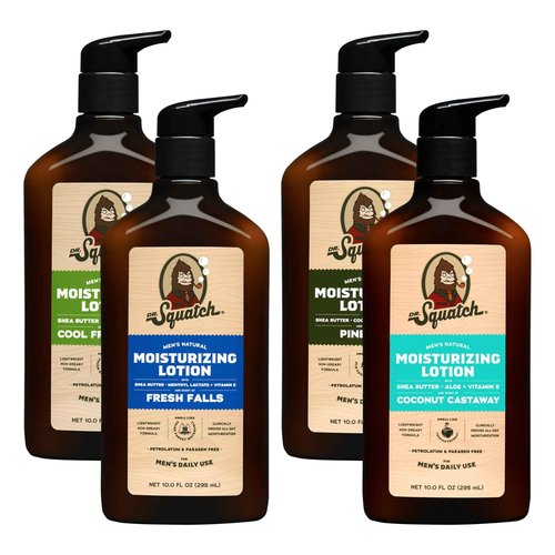 Dr. Squatch Natural Hand and Body Lotion for Men - Made with Shea Butter, Coconut Oil, Vitamin E for 24-Hr Moisturization - Pine Tar, Fresh Falls, Coconut Castaway & Cool Fresh Aloe (10 fl oz, 4-Pack)