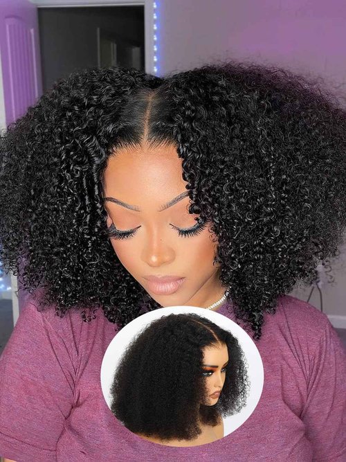 Domiso Afro Kinky Curly Wig Human Hair 8x5 M-Cap Max Part Knots Bleached Glueless Wigs Human Hair Plucked Pre Cut Lace Wig Big Fluffy Curl 16 Inch