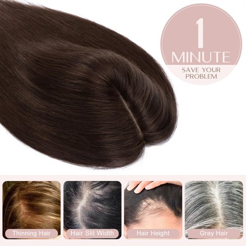 SEGO Pro Hair Toppers for Women Real Human Hair with No Bangs Upgrade Lace Base 3.9 * 4.7 Inch Clip In Topper Hairpieces for Women #02 Dark Brown 6 Inch