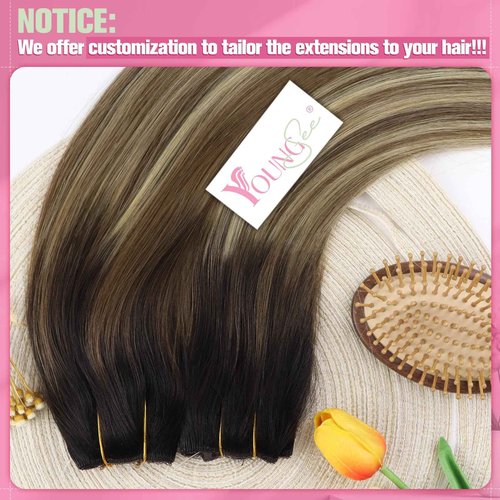 YoungSee Wire Hair Extensions Balayage Wire Hair Extensions Real Human Hair Ombre Fish Line Extensions Dark Brown Roots to Medium Brown with Blonde Dyable Remy Hair 14Inch 80G