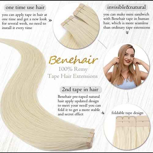 Benehair Tape-in Hair Extensions - Human Hair, Platinum Blonde, 18 Inch, 20pcs, 50g/pack, Straight, Seamless, Natural, Women's 18" #60