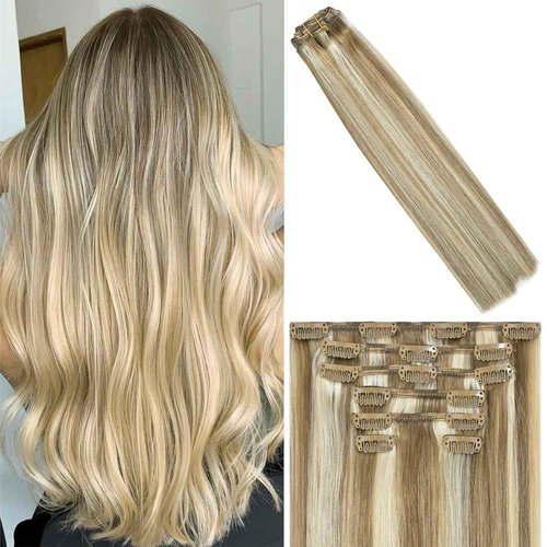 WindTouch Clip in Hair Extensions - 100g Real Human Hair, Mixed Bleach Blonde, 7pc 20-inch Thicker Extensions