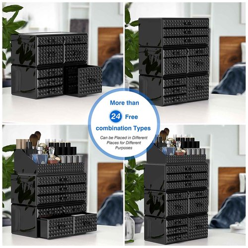 Awenia 4 Pack Stackable Makeup Organizer[Upgraded],Acrylic Cosmetics Storage Cases with 11 Drawers Perfume Organizers For Brush Holder or Jewelry Display,Plus Size(Black)