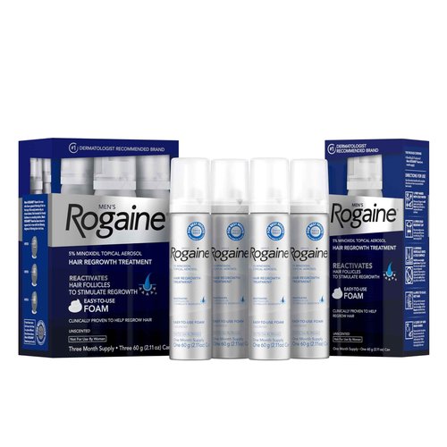 Rogaine Men’s 5% Minoxidil Foam Hair Regrowth Treatment, FDA Approved Brand, Proven to Improve Hair Regrowth, Extra Strength Minoxidil Foam, Unscented Aerosol, 4 Month Supply (4 x 2.11 oz Cans)