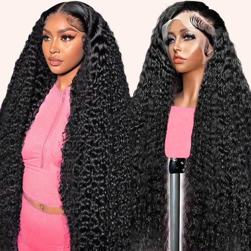 Tkekrw 30 Inch 13x6 HD Deep Wave Lace Front Wigs Human Hair 200 Density HD Frontal Water Wave Wigs Glueless Wet and Wavy Pre Plucked Curly Wig for Women 100% Brazilian Remy Virgin Hair Natural Black