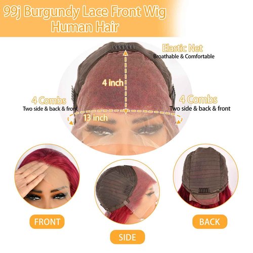 Burgundy Lace Front Wigs Human Hair 99j 13X4 Body Wave Lace Front Wigs 180% Density 100% Brazilian Human Virgin Hair Glueless HD Red Wigs Pre Plucked with Bleached Knots Natural Hairline (26inch)