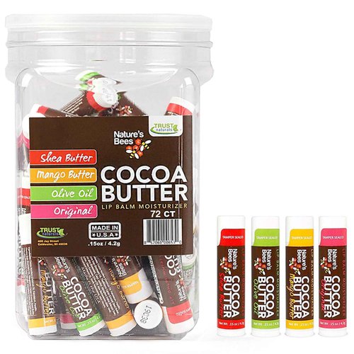 Nature's Bees, Cocoa Butter Lip Balms, Lip Moisturizer Treatment - Pack of 72, (Original Variety Assortments - Original, Olive Oil, Mango Butter, Shea Butter)