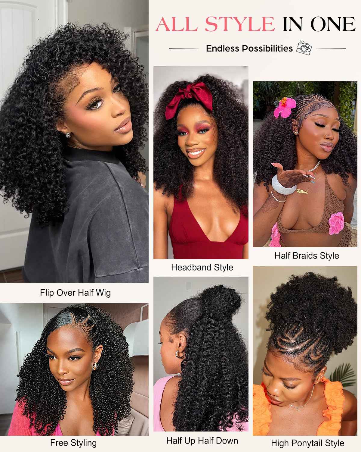 Kinky Curly Half Wig Human Hair 210 Density 3 In 1 Seamless Flip Over Half Wigs Glueless Kinky Curly Wigs Human Hair Beginner Friendly 360 Degree Flexi-fit Drawstring Headband Wig for Women 16 Inch