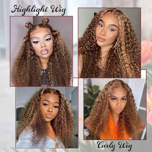 Licoville Ombre Lace Front Wigs Human Hair 22 Inch Curly Highlight Lace Frontal Wig Mixed with Brown Roots Wear and Go 4/27 Honey Blonde Water Wave Human Hair Wig 150% Density