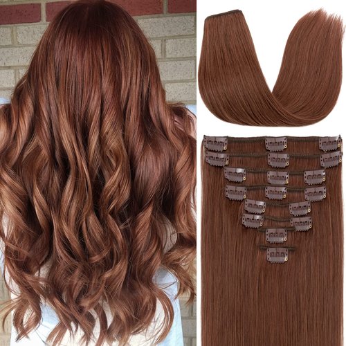 S-noilite Clip in Human Hair Extensions Auburn Hair Clip in Hair Extensions Standard Weft 100% Real Human Hair Full Head 8 Pieces 18 Clips Silky Soft 16 Inch-90g (#Dark Auburn (#33))