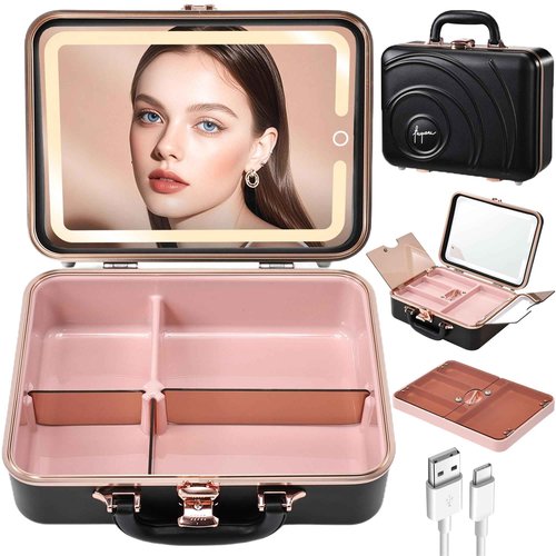 Faquenc Travel Makeup Case with LED Lighted Mirror 12 Inch Portable Makeup Box Organizer Adjustable Brightness in 3 Colors Cosmetic Storage Case with Dividers Hard Aluminum Shell Vanity Box Black