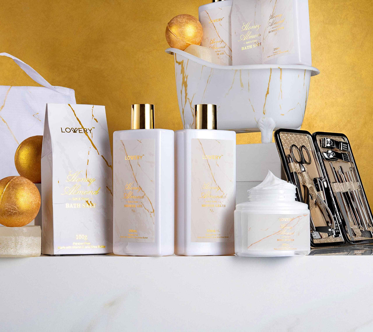 Gifts for Mom, Gift Basket, Spa Gifts For Women, 31Pc Self Care Kit, Stress Relief Gift, Birthday, Thank You, Honey Almond Bath and Body Gift - Toiletry Bag, Nail Kit, Bath Bombs & More