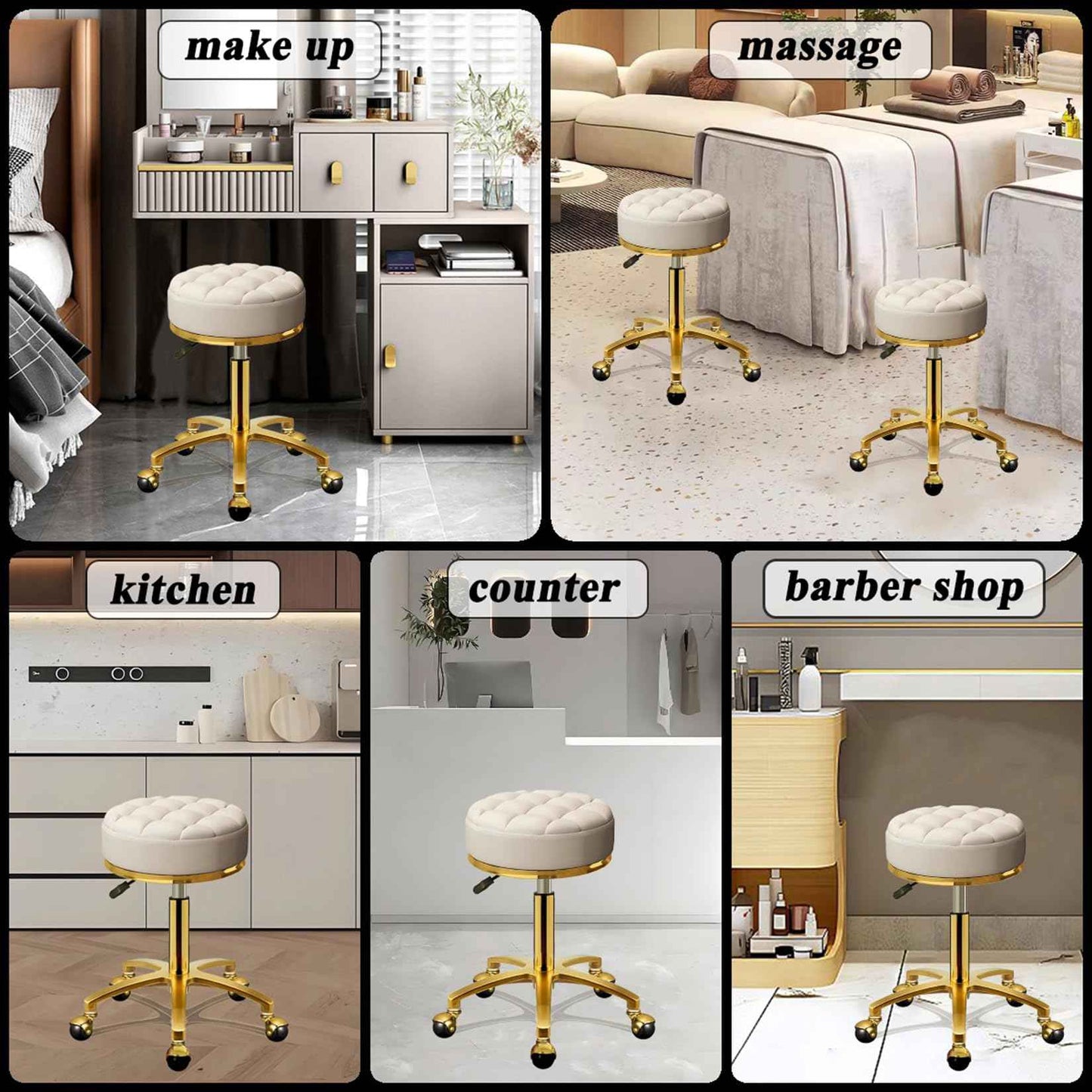 HZLCMPY Rolling Stool Gold Vanity Stool with Wheels, Pedicure Massage Roller Stools, PU Leather Round Swivel Salon Spa Chair, Titanium Gold Base, Height Adjustable 43-55 cm (Off White)