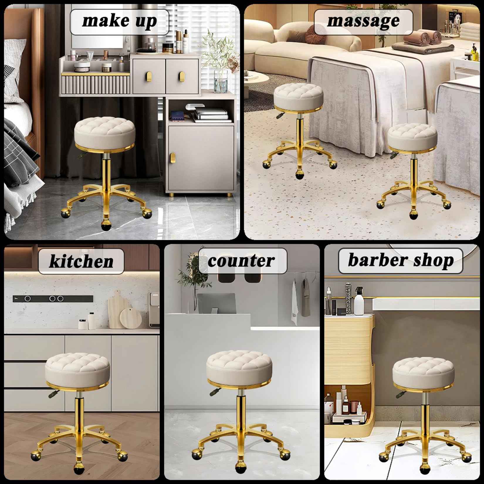 HZLCMPY Rolling Stool Gold Vanity Stool with Wheels, Pedicure Massage Roller Stools, PU Leather Round Swivel Salon Spa Chair, Titanium Gold Base, Height Adjustable 43-55 cm (Off White)