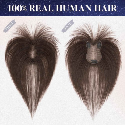 Elailite Human Hair Toppers for Women Real Human Hair Topper with Bangs Hand-Tied Thin 8 * 11CM Lace Base Light Weight Clip in Remy Hairpieces 11 Inch Chocolate Brown