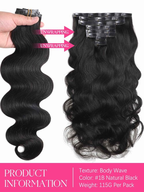 Lacer Body Wave Clip in Hair Extensions Real Human Hair, Seamless 7 Pcs 115g Wavy Human Hair Clip in Extensions for Women Natural Black 18 Inch