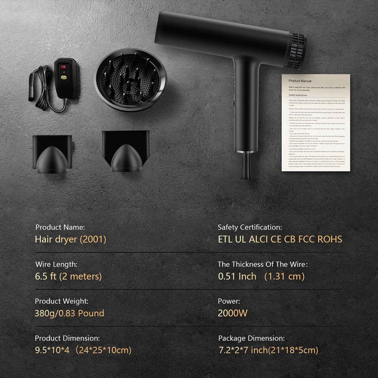 Hair Dryer, Professional Brushless Motor Ionic Hair Blow Dryer with Diffuser, Magnetic Nozzles, 0.83Pound, 2000W, 60dB, 3 Heat Settings & 3 Speed & Cold Settings, Diffuser Hair Dryer, Black