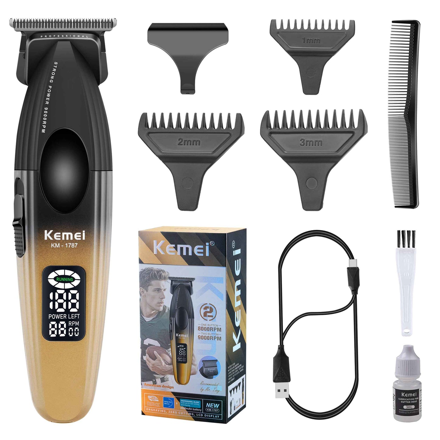 KEMEI 1787 Beard Trimmer for Men, Cordless Hair Trimmer with LED Display, 9000 RPM Hair Clippers for Barber with 2000 mAh Battery, DLC Coated T-Blade