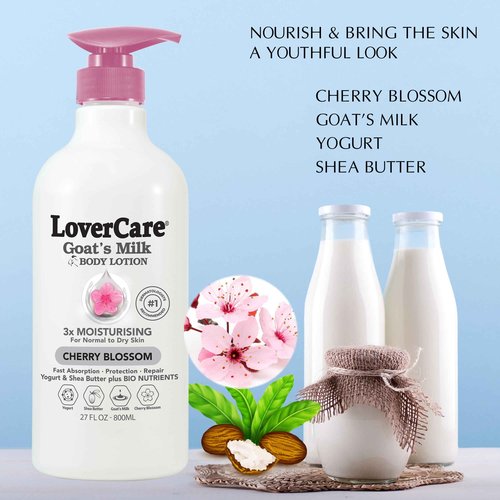 Lovercare Combo Goat Milk Moisturizing Body Wash Shower Cream Cherry Blossom 40.7 fl oz Goat Milk Cherry Blossom Body Lotion 27 fl oz