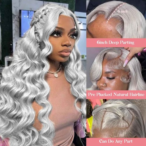 Munx Body Wave Lace Front Wig Human Hair 13x6 HD Transparent Lace Frontal Wigs with Baby Hair Silvery Grey Lace Front Wigs Human Hair 28 Inch 180% Density Pre Plucked Wig for Women