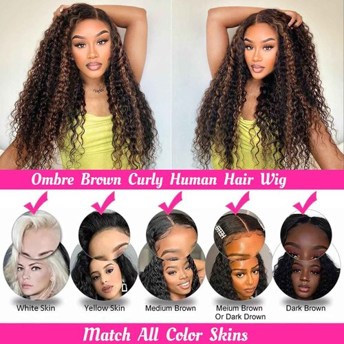 Vlusee 1B/30 Deep Wave Lace Front Wigs Human Hair Pre Plucked Balayage Ombre Brown Curly Lace Front Wig Human Hair13x4 HD Lace Frontal Glueless Wigs for Women 180% Density 26 Inch