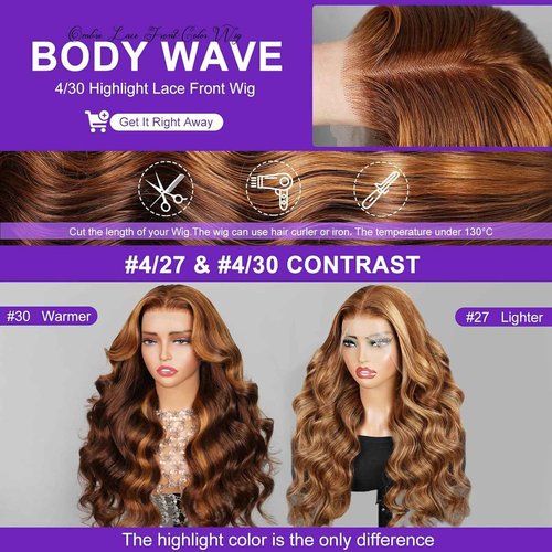 Peenoll Human Hair Wig Highlight P4/30 Lace Frontal Body Wave Pre Plucked Pre Cut Closure Glueless Wigs With Elastic Band 200% Density