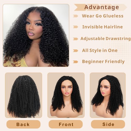 Rsshnlo Kinky Curly Half Wig Human Hair 200% Density 3 In 1 Glueless Wear and Go Kinky Curly Wig Human Hair Seamless Flip Over Wig Drawstring Headband Wig Beginner Friendly 16 Inch