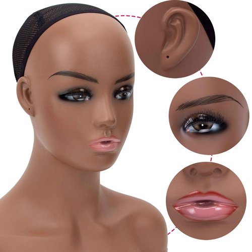 A1 Pacific Mannequin PVC Manikin Head Realistic Mannequin Head with Shoulder Bust Wig Head Stand for Wigs Display Making Styling PMH-DC487 (16.5 Inches, Tanned)
