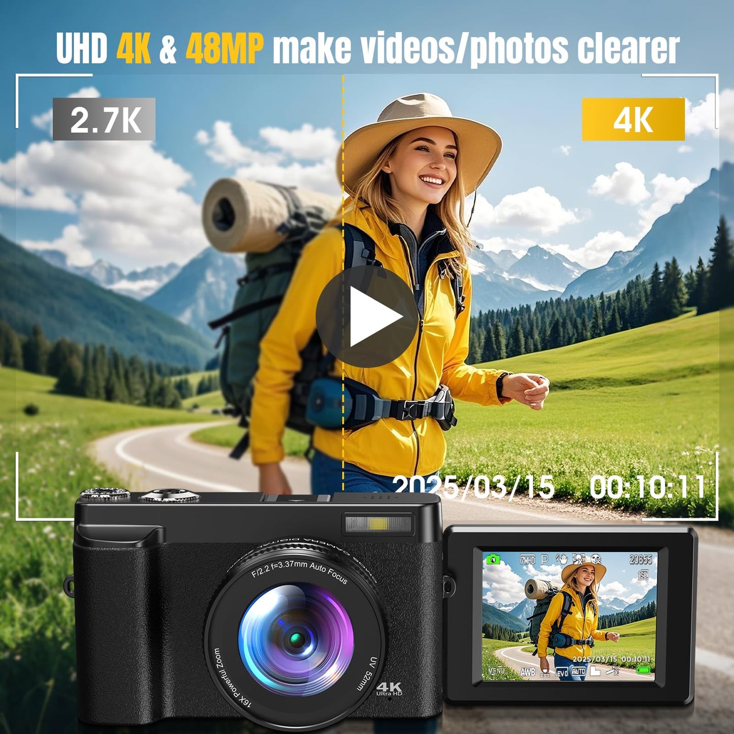 4K Digital Camera for Photography, UHD Autofocus 48MP 180° Flip Screen 16X Zoom Compact Point Shoot Vlogging Camera for YouTube with 2 Batteries, 32GB Card (Black)