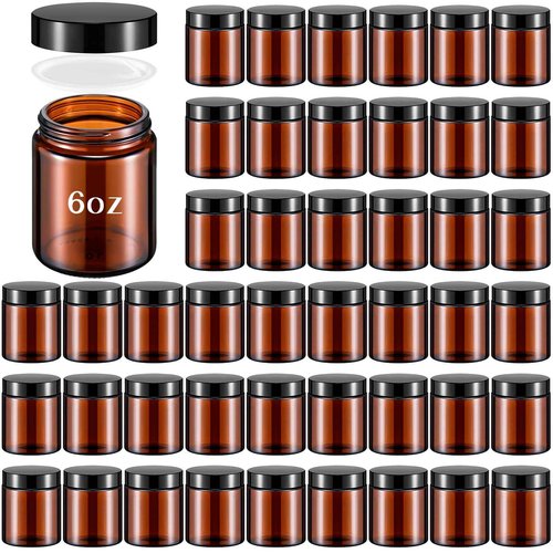 Domensi 48 Pcs 6oz Glass Jars with Lids Leakproof Round Airtight Empty Cosmetic Jars with Inner Liners Lid for Storing Lotions Spices Ointments Candle Making Food Storage (Amber)