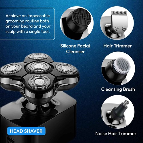 5D Electric Head Shaver for Bald Men – Waterproof Wet/Dry Razor – USB-C Fast Charge – 6-in-1 Grooming Kit with Beard & Nose Trimmer – Cordless, Portable, Travel-Friendly Head Shaver