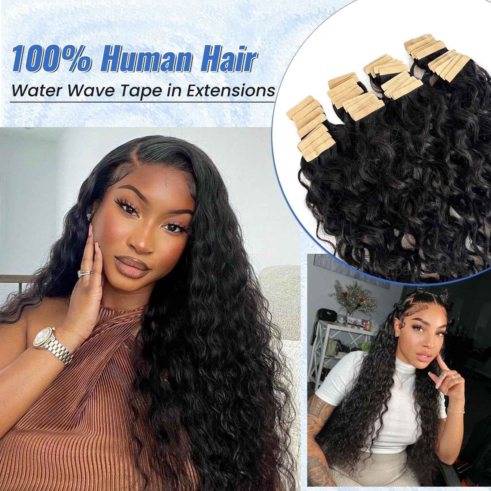Long Curly Wave Tape in Hair Extensions Natural Color 22 Inch Water Wave Tape in Human Hair Extensions 40PCS 100G Thick and Full Invisible Tape ins Water Wave Real Remy Human Hair Pieces Black