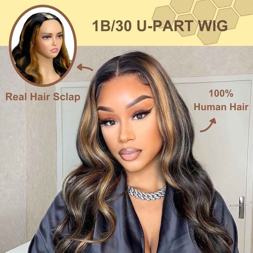 BYYASAA U Part Human Hair Wig Body Wave1B/30 U Part Wig Human Hair for Black Women Glueless Wigs Natural Hair Wig Beginner Friendly Middle Part 180% Density 20inch