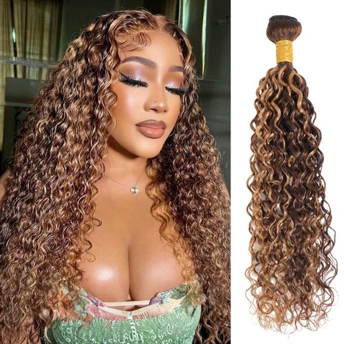 MOMOSHERO Honey Blonde Water Wave Bundles Human Hair 24Inch, Soft & Shed-free P4/27 Ombre Piano Color Curly Brown Blonde Highlight Weave Hair Bundles Wet and Wavy 12A 100% Virgin Hair Single Bundle