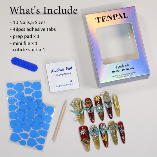 TENPAL 10Pcs Heirloom Chinese Bridal Press On Nails With Tools,Red Gold Phoenix Dragon Designs Fake Nails Long Stiletto,Full Crystals Heavy Relief Luxury Wedding Set Glue on Nails for Cheongsam(L)