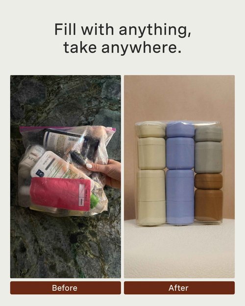 Cadence Travel Containers Haircare Capsule Set - Magnetic Containers with Lids,Carry On Travel Essentials For Women/Men - 3 Flex Mediums (1.32oz) - Shampoo, Conditioner & Comb Icon Labels - Evergreen