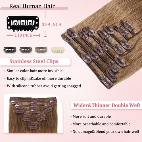 Clip in Hair Extensions Real Human Hair Clip in Extensions for Women Seamless Invisible Chestnut Brown Natural Remy 100% Human Clips ins Extension 8pcs Double Weft 20 inch 3.7oz/105g
