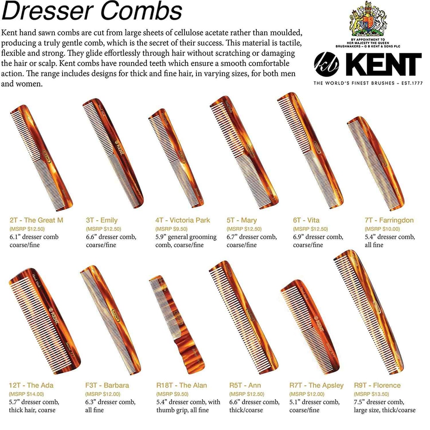 Kent R9T All Coarse Detangling Comb, Wide Teeth Dressing Table Comb for Thick Curly Wavy Hair. Detangler Combs for Grooming Styling Hair, Beard and Mustache. Saw-Cut. Handmade in England
