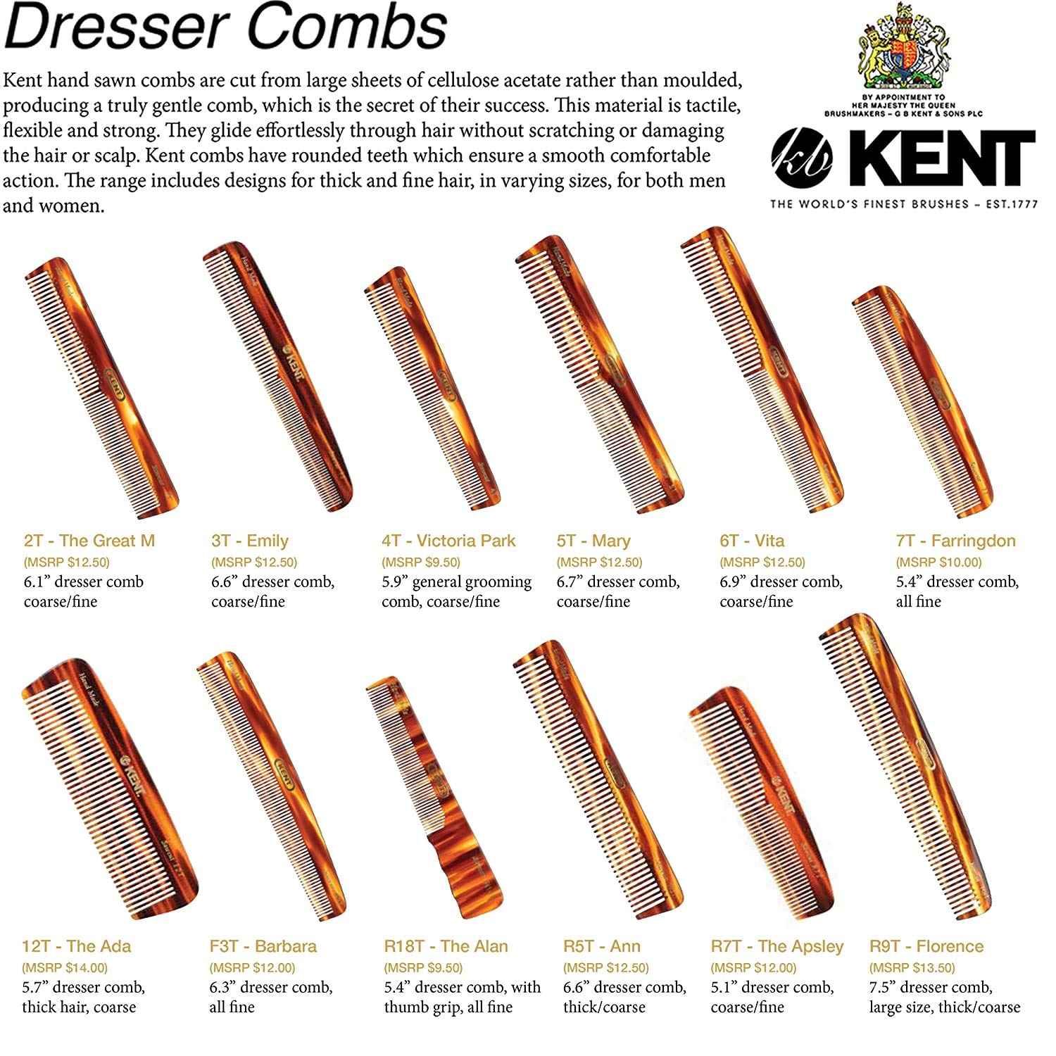 Kent R9T All Coarse Detangling Comb, Wide Teeth Dressing Table Comb for Thick Curly Wavy Hair. Detangler Combs for Grooming Styling Hair, Beard and Mustache. Saw-Cut. Handmade in England