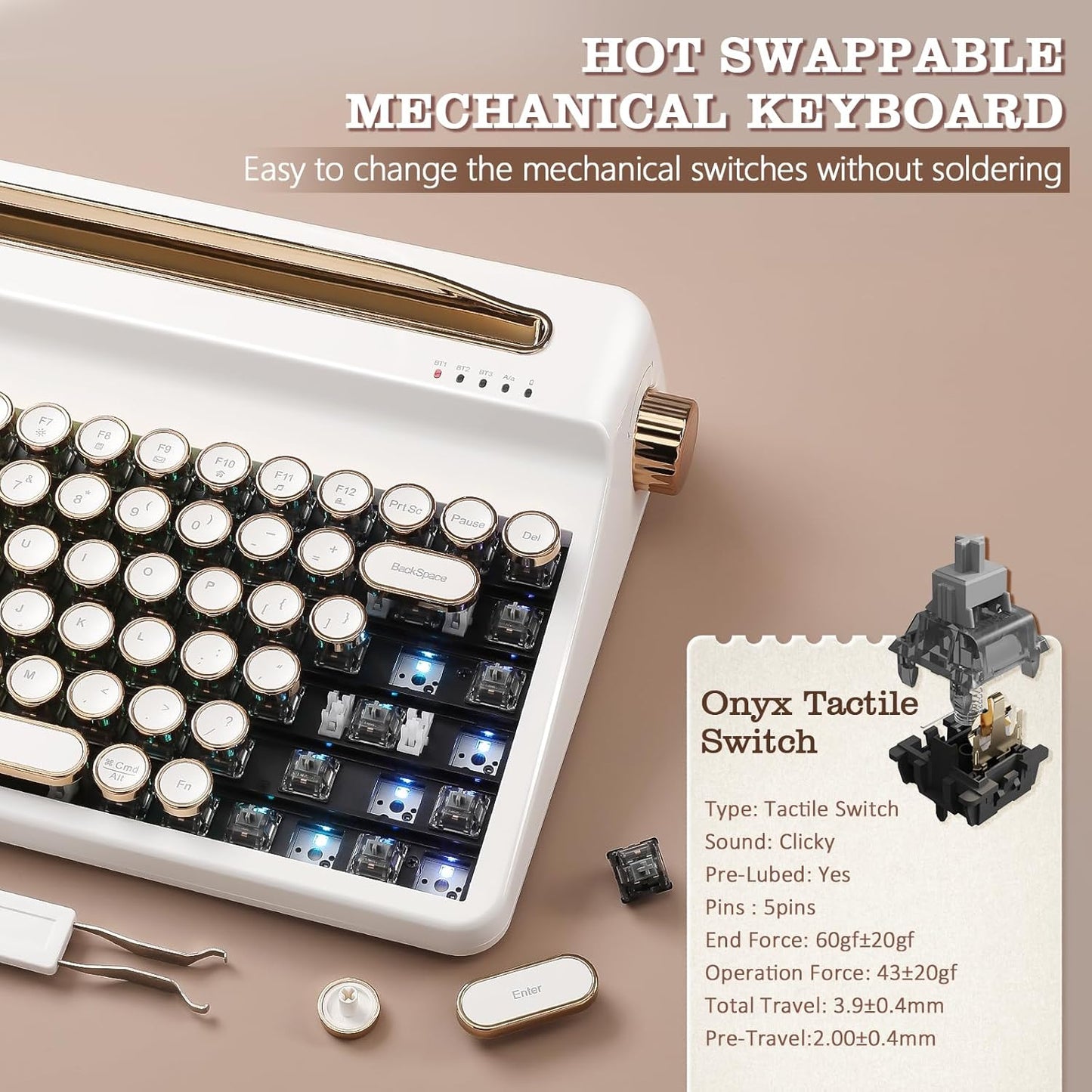 YUNZII QL75 Wireless Typewriter Hot Swap Retro Mechanical Keyboard,Punk Round Keycaps,RGB Backlit QMK/VIA Programmable, Multi-Device Keyboard with 2.4GHz/Type-C/BT5.0 (Green, Cocoa Cream V2 Switch)