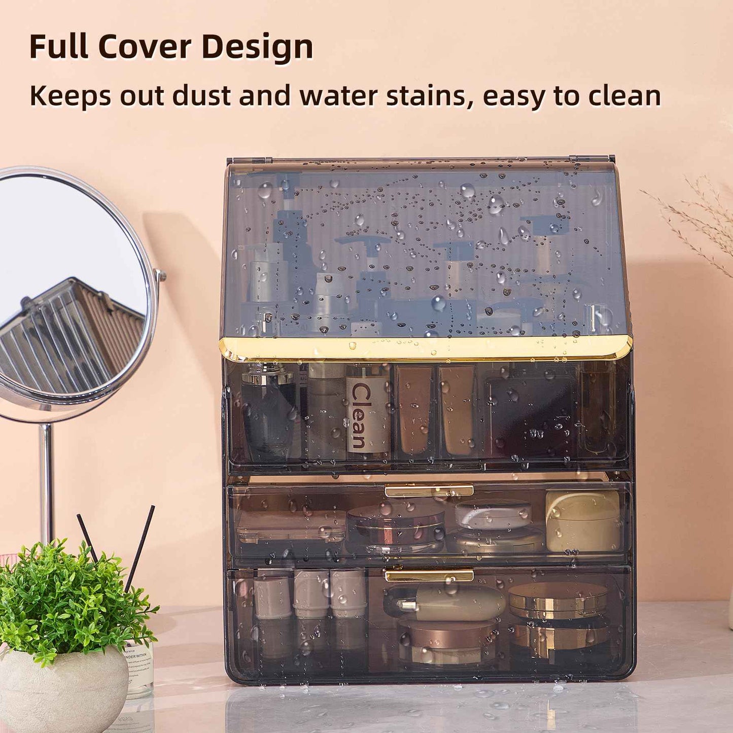 Large Cosmetic Organizer with Lipstick Holder Fully Transparent with Drawers, Dustproof Waterproof Bathroom Counter Storage for Skincare Lipstick Makeup Brushes(Black)