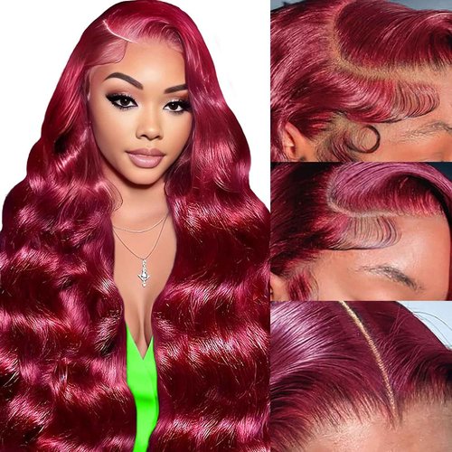 We WON! 22 Inch 13x6 99j Burgundy Lace Front Wigs Human Hair Body Wave 200 Density HD Transparent Frontal Wigs Pre Plucked Glueless Red Wig for Women 100% Unprocessed Brazilian Remy Virgin Hair